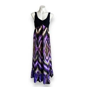 Maxi Dress Knit Top Satin Ruffled Bottom Purple Black Chevron Zig Zag Boho Y2K S